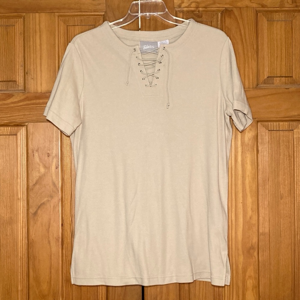 NWOT Blair Vintage 80s 90s Top Short Sleeve Blouse Tan Women's Size L Large